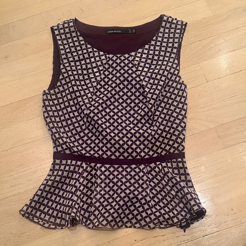 Karen Millen Purple & Cream Geometric Peplum Sleeveless Top